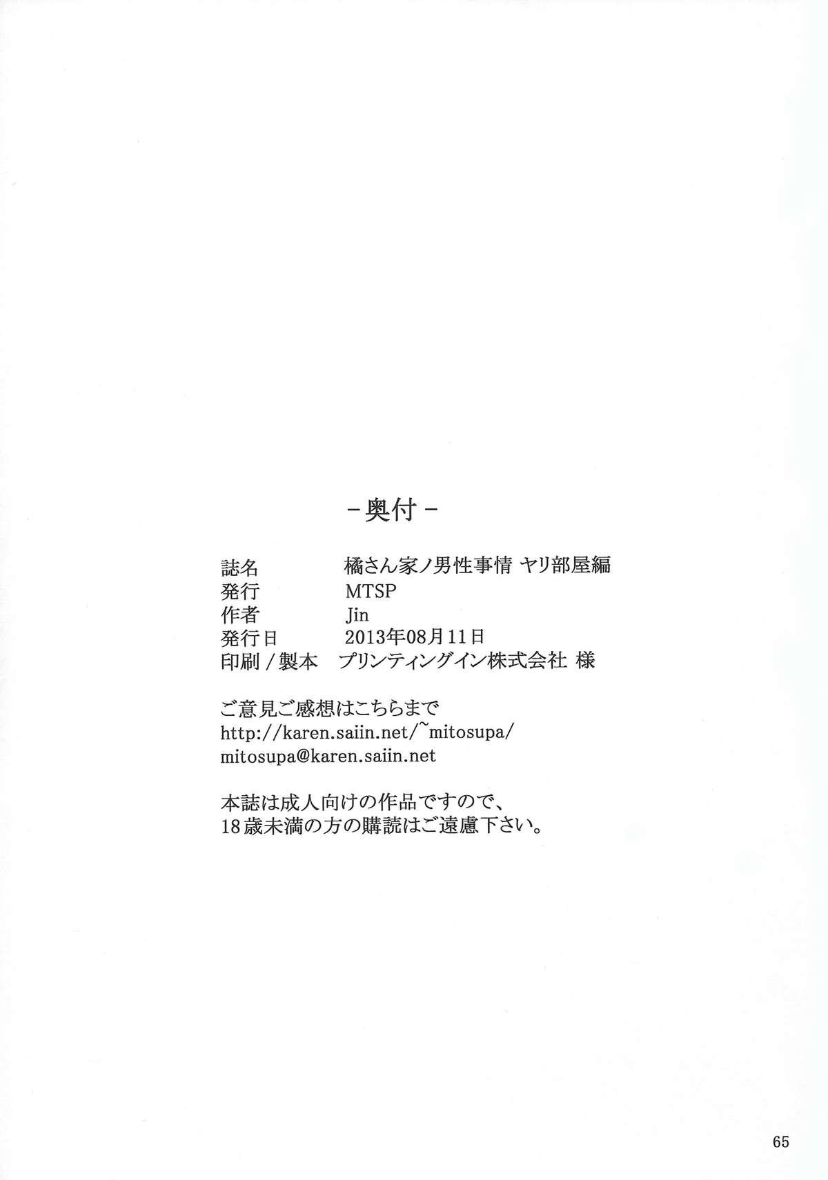 (C84) [MTSP (Jin)] Tachibana-san-chi no Dansei Jijou Yaribeya-hen 63